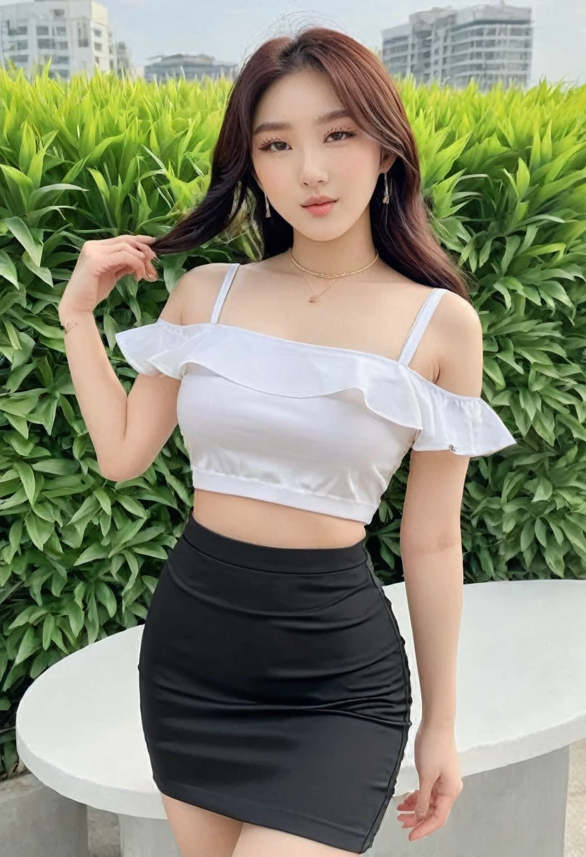 ((Best high quality:1.2)), (8k), extremely detailed, ((High detail:1.2)), (HotLexi woman), Solo, ((Go Youn-jung)), ((24 years old pretty perfect Korean Ulzzang female:1.4)), (crop top, pencil micro-skirt), BREAK,