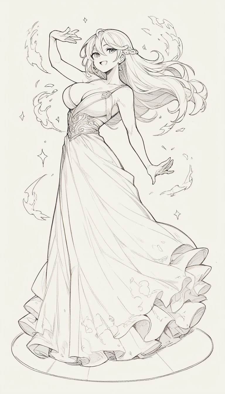 black and white, line art, no shading, full body, live2D character, long hair, cute, dancing, big breasts, long dress, fire, coloring book style, sketch,ink drawing, outlines