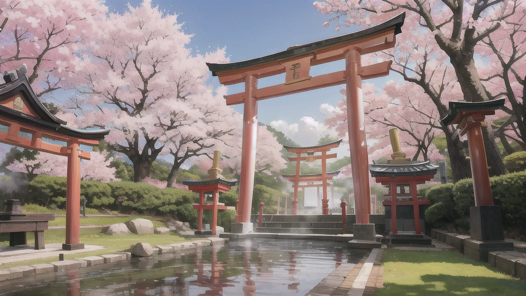 There is an open-air bath behind the shrine. Lots of steam, torii gate, cherry blossom tree, background only