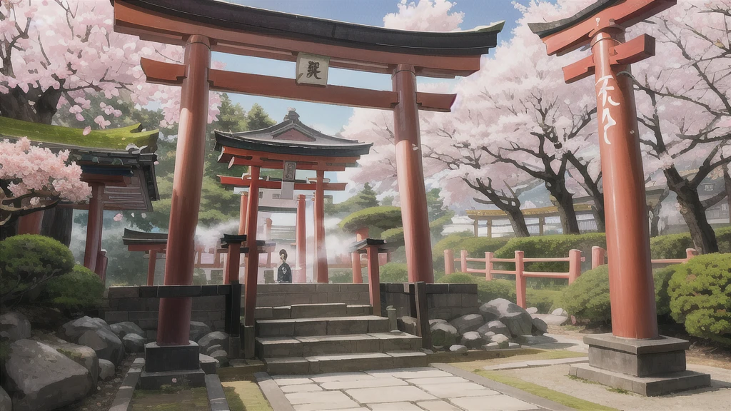 There is an open-air bath behind the shrine. Lots of steam, torii gate, cherry blossom tree, background only