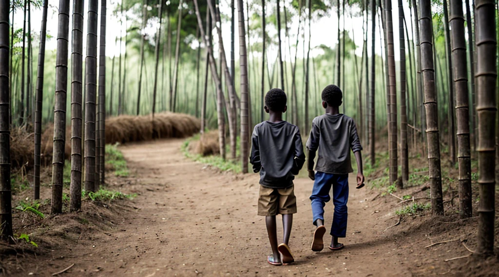 Image of a black male quilombola boy, - wears a faded dark gray long-sleeved shirt - no print - short curly hair - wears faded matte red pants - alone runs on the grass - DOES NOT wear shoes - bare feet - has his back to the camera alone inside the forest - narrow floor steps barefoot on the floor of the bamboo forest -
