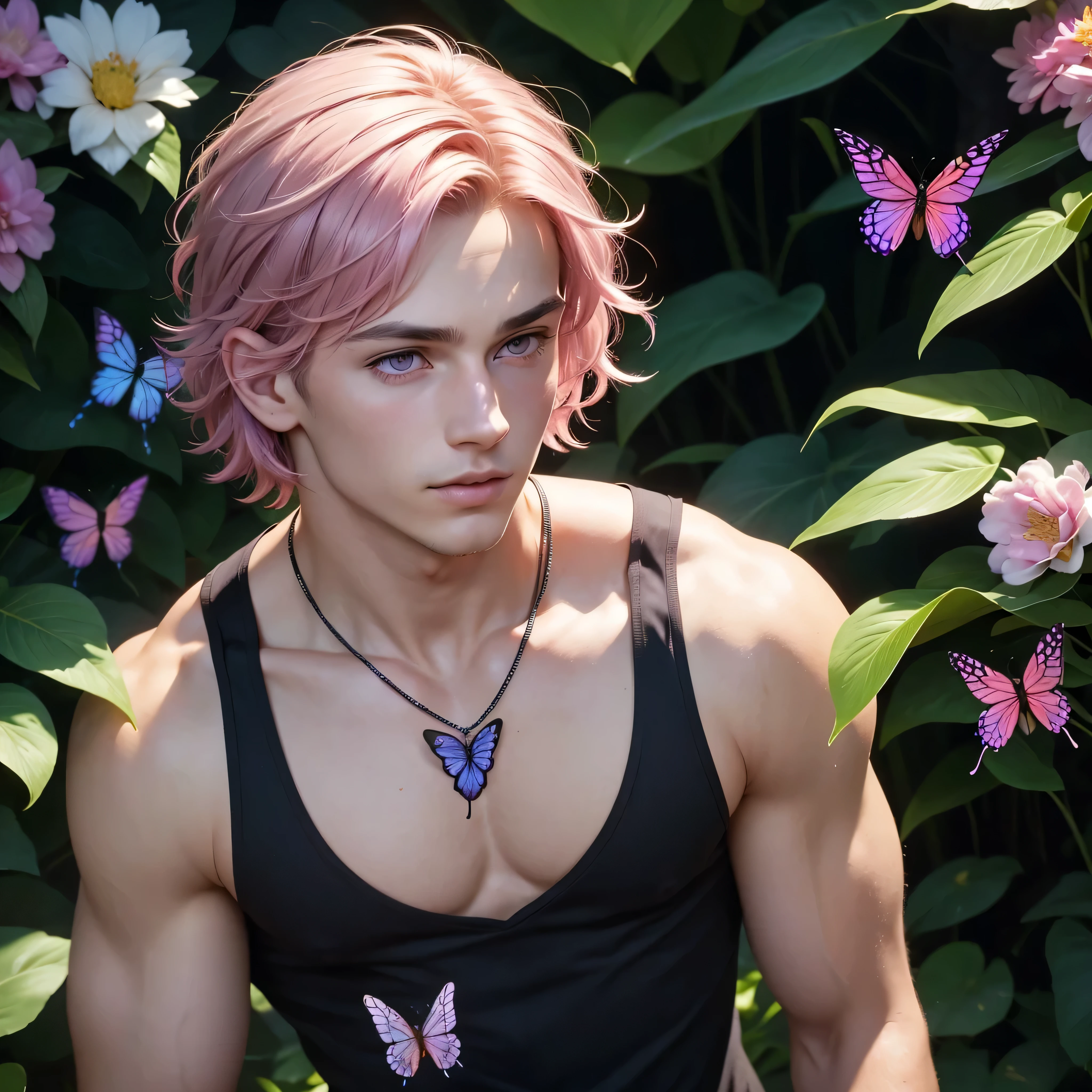 (Realistic style)1 man, young man, focus alone, adult, young adult face, short pink hair wavy hair, purple eyes, black tank top, in a forest, Realistic, dynamic pose Realistic, Detailed and correct facial structure, elegant, attractive, slim, slightly marked, many flowers and multicolored butterflies in the background. Add many more flowers and butterflies, make the background full of flowers and butterflies, remove the hair from his chest, the boy is hairless. eliminate even more hair from his chest, make sure there is no hair left, make his chest smooth, make his necklace a butterfly, improve the image much more, add more detail, eliminate the mark of the nipples on the shirt