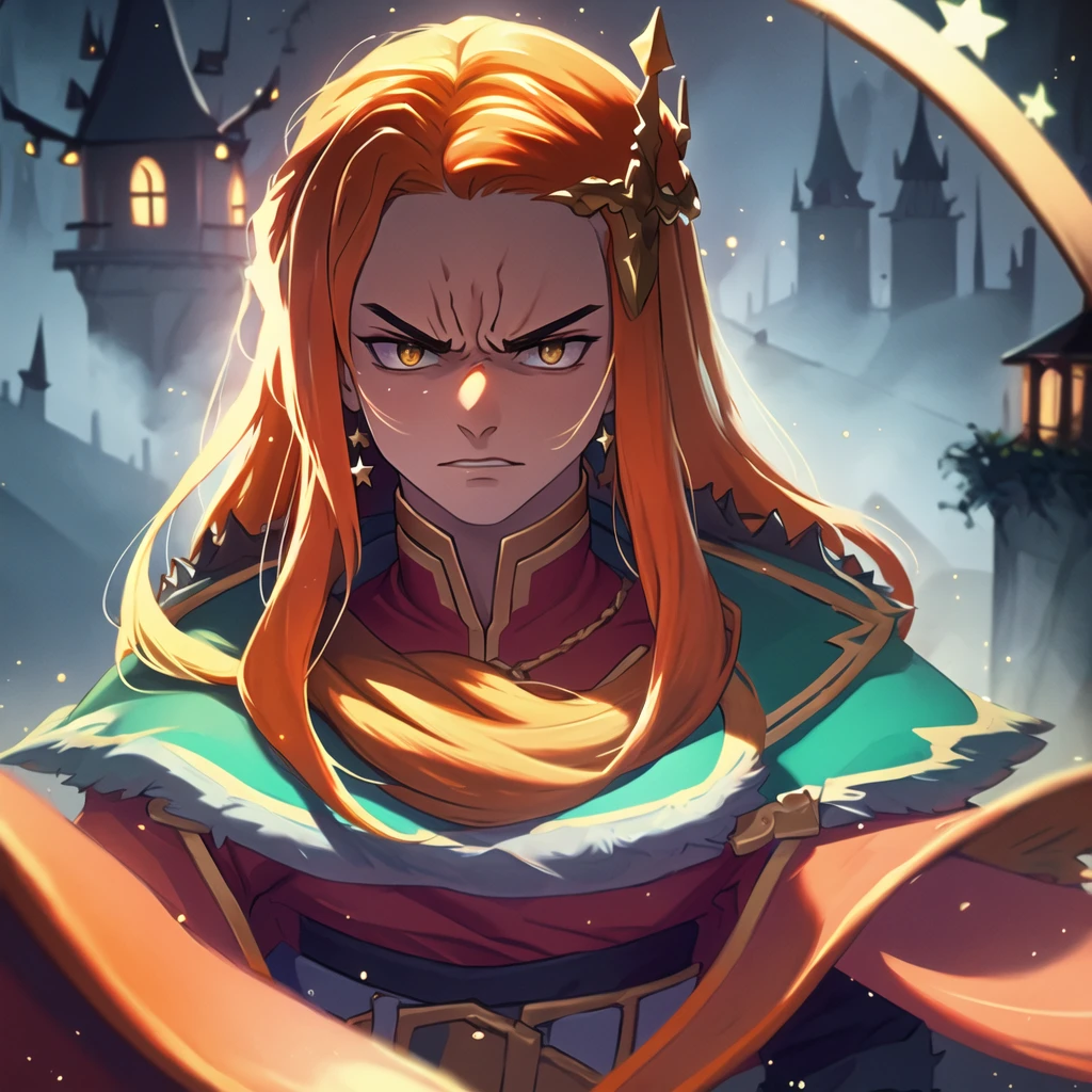 (masterpiece, top quality, best quality, beautiful, and aesthetic:1.2) portrait shot, posing, leonida5, orange hair, 1boy, looking at viewer, angry star, fantasy castle gates