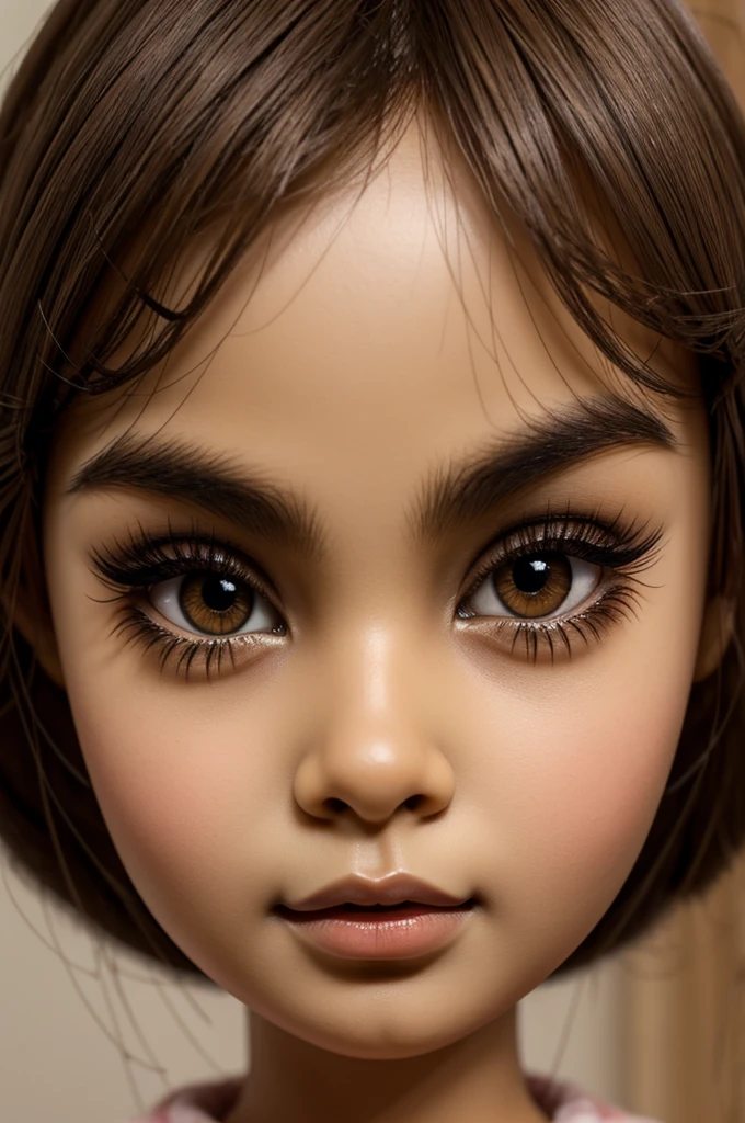 Doll with big eyes, long eyelashes, light brown skin, fine lips, Wide nose, Oval face