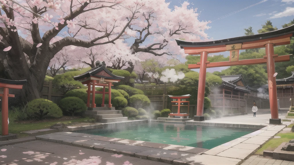 There is an open-air bath behind the shrine. Lots of steam, torii gate, cherry blossom tree, background only