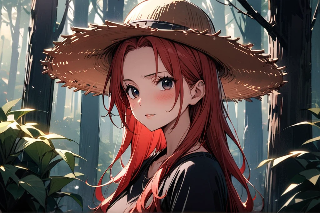 masterpiece, best quality), intricate details, 1 girl, woman, (long red hair), straw hat, Shanks, shanks \(one piece\), scar on face, (long hair) wearing t shirt and pant ((solo)) (black eyes) (detailed eyes)) (female focus) (looking towards viewer) ((standing infront of a forest)) ((long hair)) (blushing) ((ver shy)) (strawhat) ((shot from front)) ((shy pose)) ((very good lighting)) ((red colour hair)) ((she is mature)) ((high detailed)) ((upper body))

...