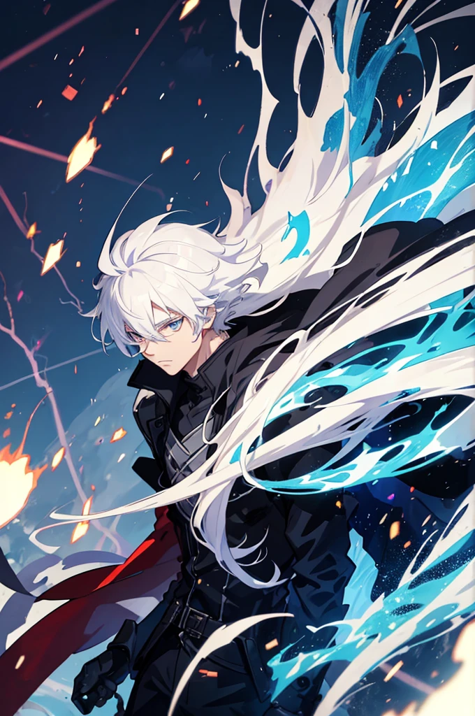 25 years old anime man with white hair, made with fire, Lightning and Ice