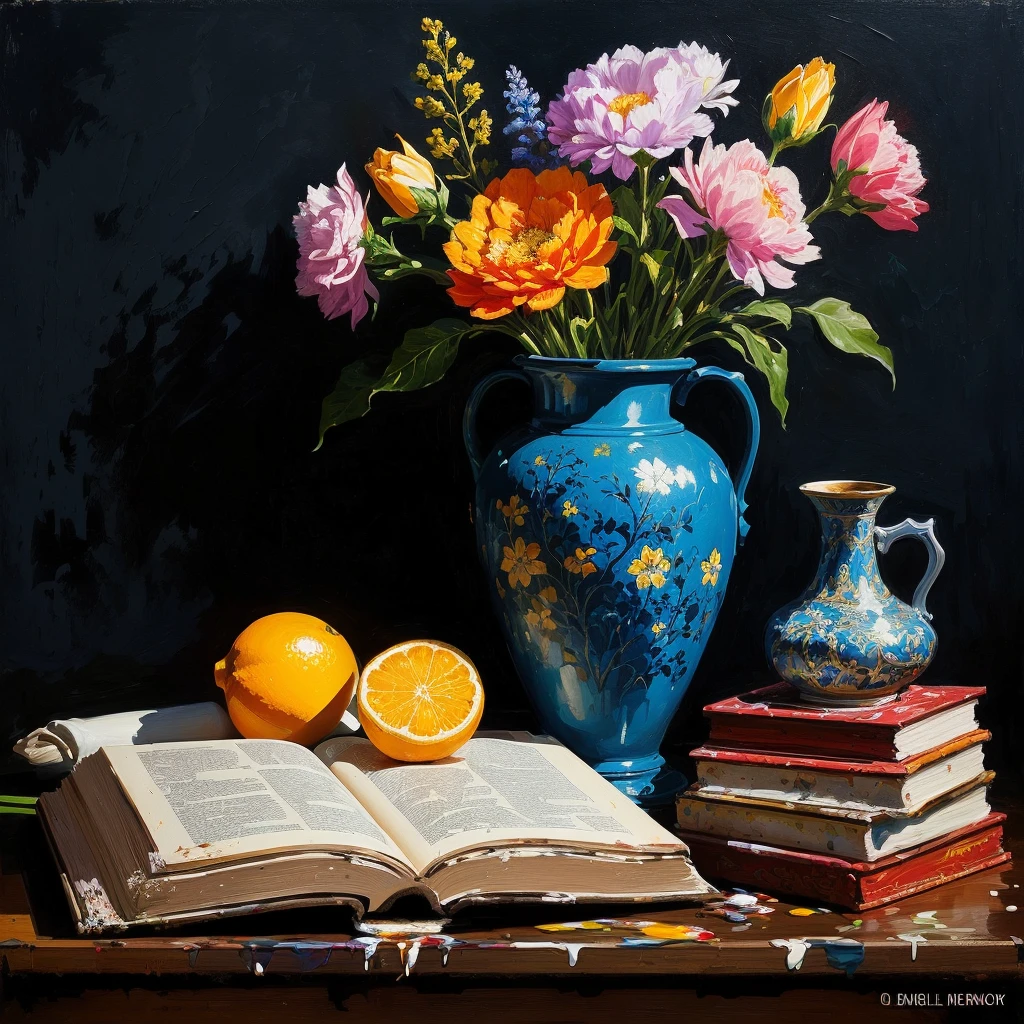 painting of&#39;a vase of flowers and books on a table, books and flowers, still life painting, par David Garner, by Don Reichert, per Neil Gleien, par Rob Alexander, nature morte avec des fleurs, book portrait, by Paul Emmert, Par Dan Christensen, evening sun, par David Martin, par Caesar van Everdingen