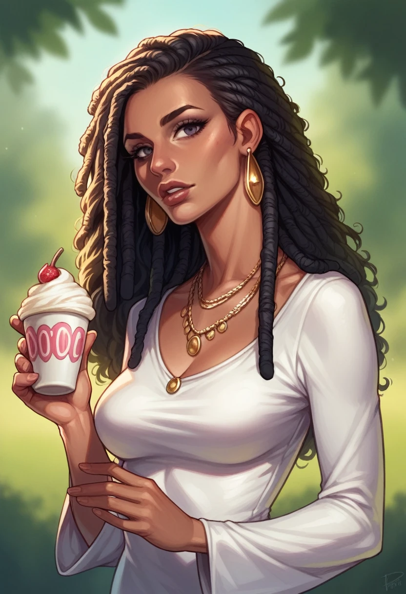 bellissima,  1girl, solo, long hair, breasts, looking at viewer, black hair, dress, jewelry, medium breasts, upper body, earrings, parted lips, necklace, blurry, lips, blurry background, curly hair, realistic, dreadlocks, icecream Cup 