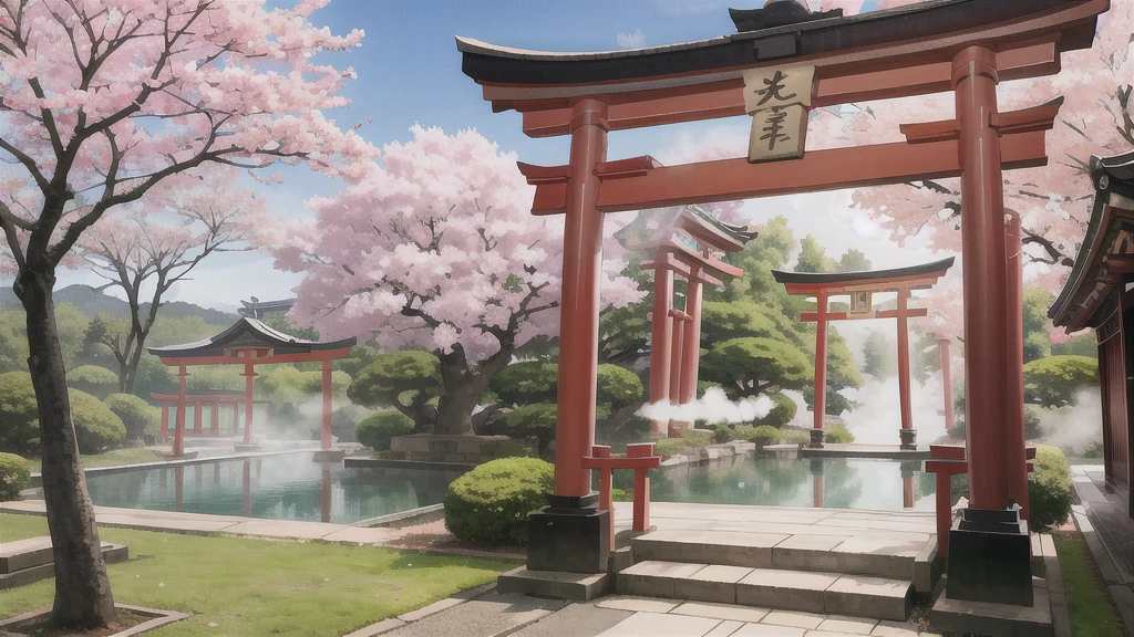 There is an open-air bath behind the shrine. Lots of steam, torii gate, cherry blossom tree, background only