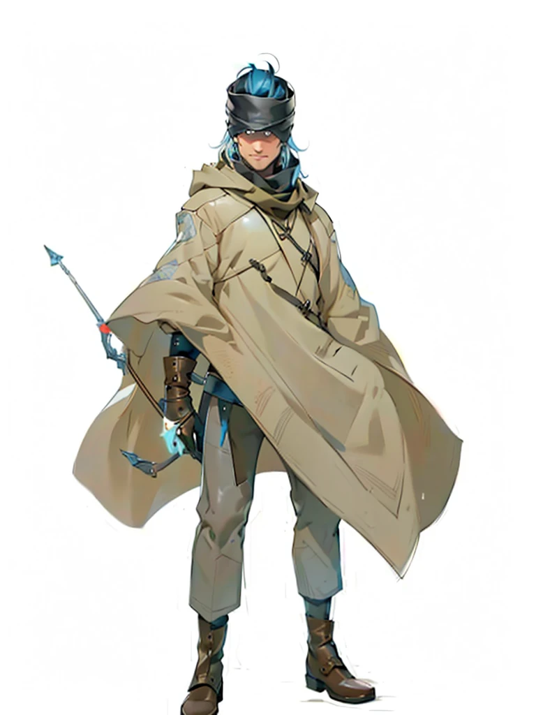 (male character), (extra long, flowing, blond-colored hair), (heterochromia), (left eye: blue), (right eye: brown), (black leather coat), (black shirt), (archery gloves), (black trousers), (black scarf), (illustration), (ultra-detailed), (realistic), (highres), (portrait), (mysterious lighting), (vivid colors) (mage) (fighter) (cold light) 
Espadachim, espada