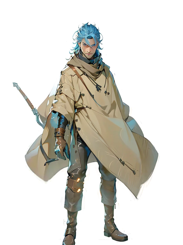 (male character), (extra long, flowing, blond-colored hair), (heterochromia), (left eye: blue), (right eye: brown), (black leather coat), (black shirt), (archery gloves), (black trousers), (black scarf), (illustration), (ultra-detailed), (realistic), (highres), (portrait), (mysterious lighting), (vivid colors) (mage) (fighter) (cold light) 
Espadachim, espada