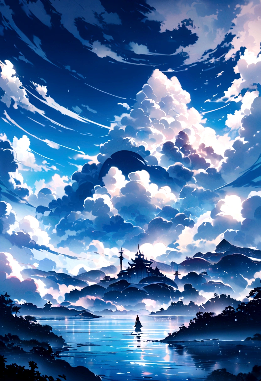 Surrounded by clouds，Beautiful and smooth graphics，(not human),Carefully drawn landscapes，Thin clouds float on the water，It&#39;s like a fairy tale。A hazy light penetrates the clouds，Reflects stunning light and shadow effects。The photo shows a sea of clouds，The approaching scenery is fascinating。