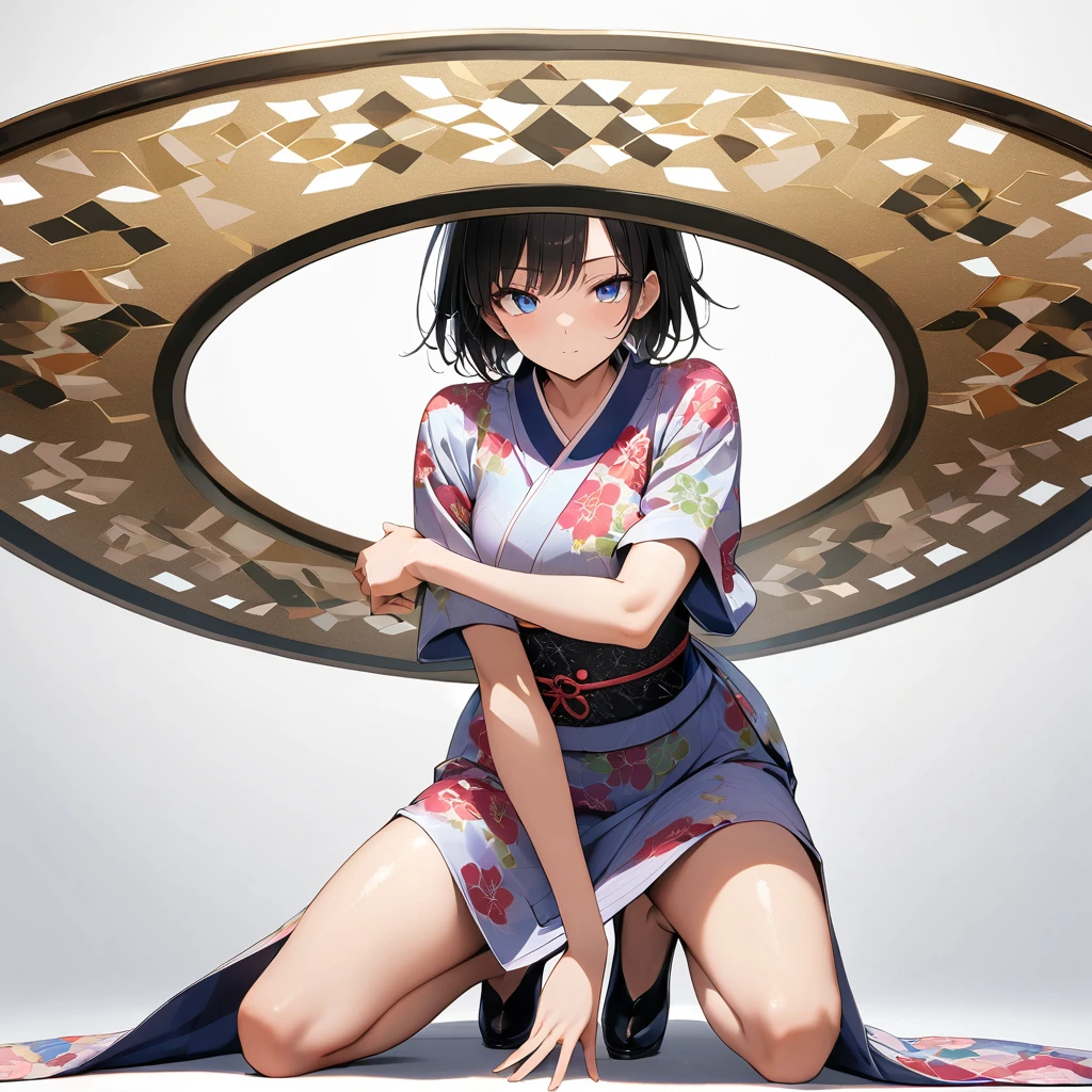 16k works,Highest quality,18-year-old,No background.White background only,whole body、Kneel,Dynamic and sexy pose, One person, Beautiful Face,, Symmetrical eyes, Perfect body, Good balance、 Perfect body、Flower pattern kimono