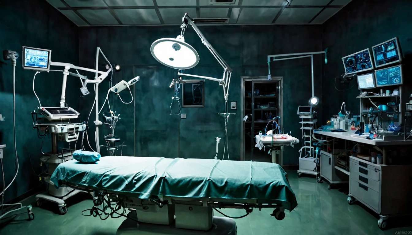 operating room, various equipment, stretcher in the center, in the background a mysterious doctor, dark, macabre environment