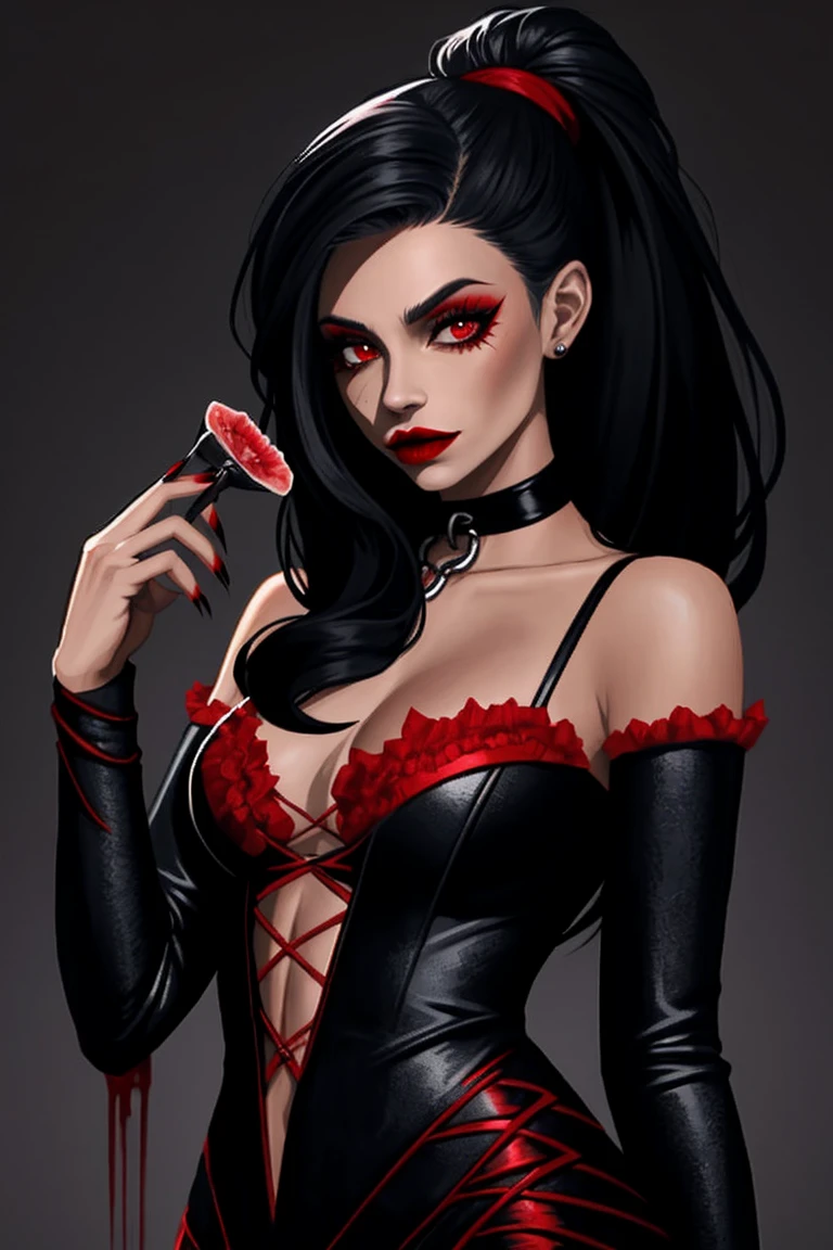 Mujer arafed con maquillaje  y rojo y vampire's teeth., with Dams, vampire's teeth, vampire girl, sharp vampire's teeth, vampire portrait, Dams, female vampire, androgynous vampire, vampire Dams, scary vampire, sharp and pointy vampire's teeth, vampire woman, Dams extended, Dams and drool