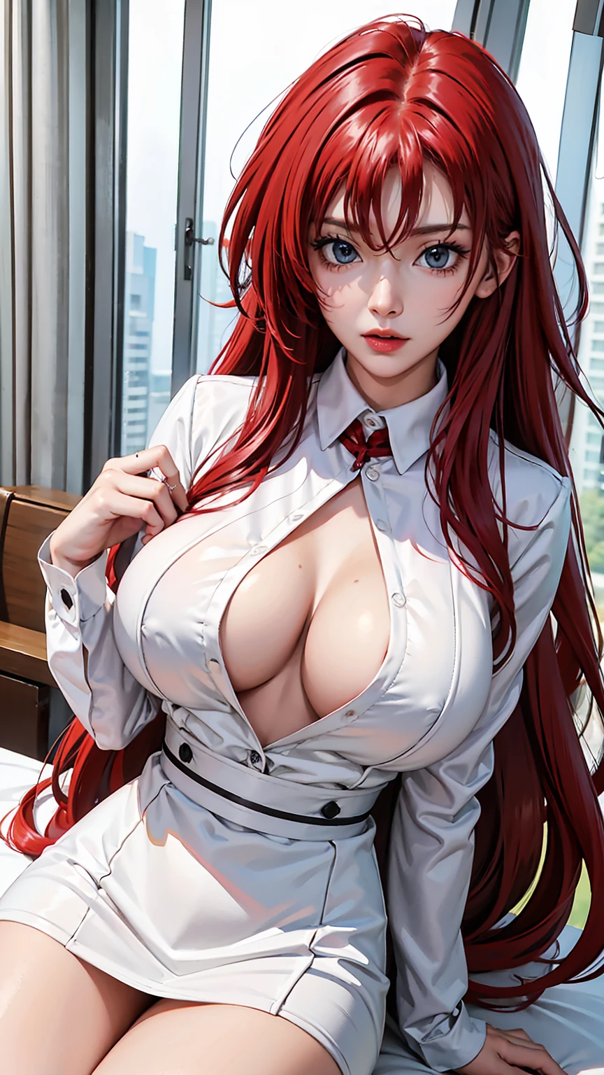 red hair,(high quality:1.2), (high detail:1.2), (masterpiece:1.2), (extremely detailed:1.2), white clothing, symmetrical features, long hair, (((sexy breasts)))