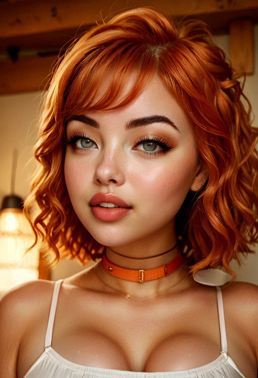 1girl, big clear eyes, eye contact, (large breasts:1.3), red choker, wide view, parted lips, pulpy lips, bright orange hair, showing off skirt, short messy hair, bangs, highly detailed, soft tones, extreme detail, no background, (detailed textures:1.1),  dramatic light, happy smile, high Depth Of Field, slight fisheye lens