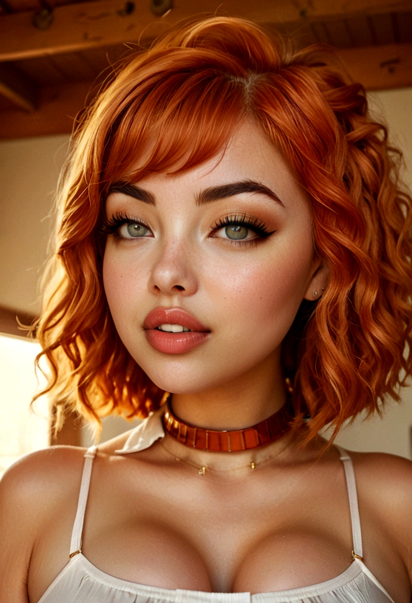 1girl, big clear eyes, eye contact, (large breasts:1.3), red choker, wide view, parted lips, pulpy lips, bright orange hair, showing off skirt, short messy hair, bangs, highly detailed, soft tones, extreme detail, no background, (detailed textures:1.1),  dramatic light, happy smile, high Depth Of Field, slight fisheye lens