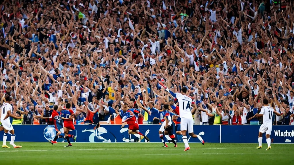 there are two men playing soccer on a field with a crowd watching, celebrate goal