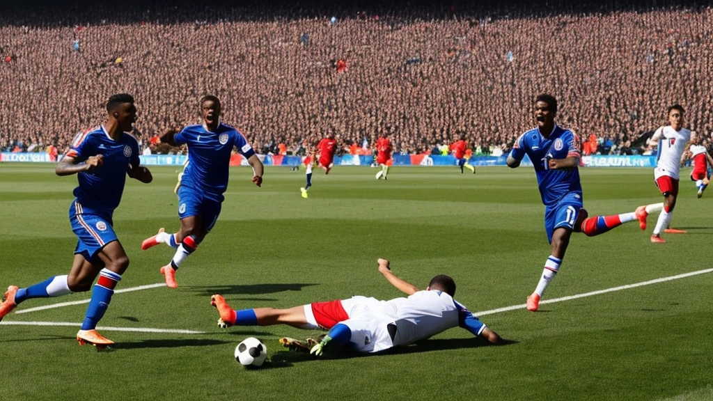 there are two men playing soccer on a field with a crowd watching, celebrate goal