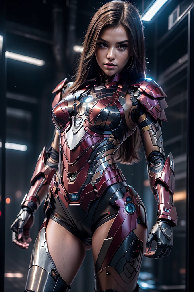 ((masterpiece, 8K, 3D, Realistic, Super Detail)), (1girl:1.3), slender 16 age, Ultra Micro photography, Melissa Benoist Super realistic, Perfect face, 16K resolution, 4k resolution, The photo was taken from the Front, facing to the photographer, Foreground photo, dynamic lighting, posing on a pedestal, high-definition resolution, Beautiful features, ((Perfect female Model Slim body)) Beautiful features, Standing pose, ((small hip)), (((2 piece Hotpants-Bikini))), Sci-fi futuristic, ((Iron man armor)) ((bionic Fragmented Super Girl chest armor suit)), ((Exposed slim thighs)), wear mesh metal-stockings, ((slim thighs)), ((bionic Slim thighs Spider man armor)), Front Full body Shot, full body portrait, perfect legs, Iron Man shoes, futuristic city background