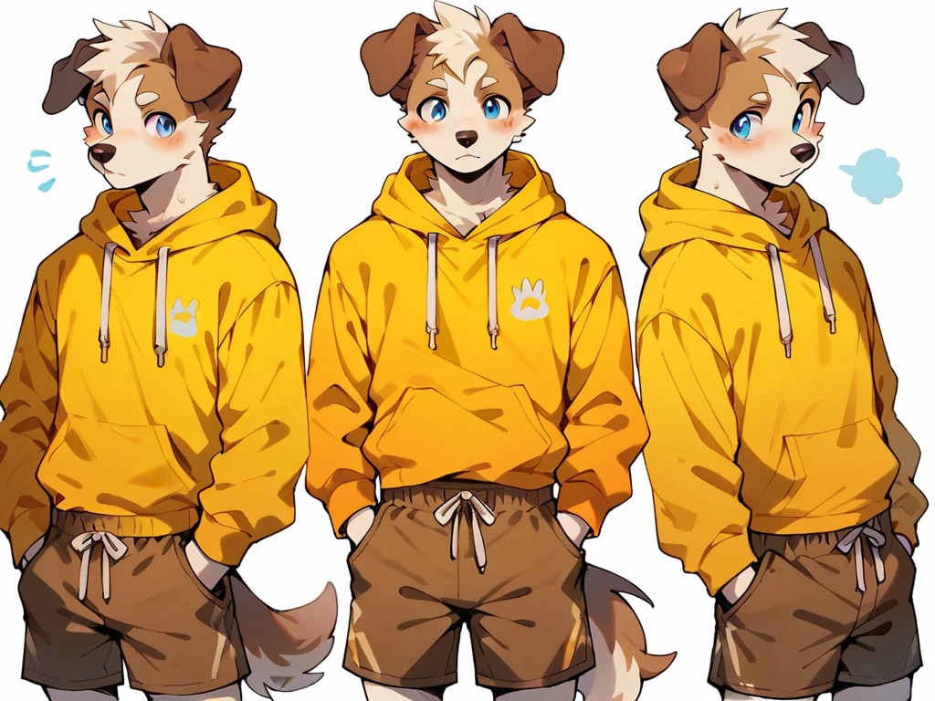 score_9, score_8_up, score_7_up, high quality, hires, anthro, male, domestic dog, folded ears, white fur, brown ears, mostly white fur, blue eyes, athletic, yellow hoodie, brown shorts, white background,