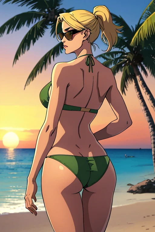 (masterpiece, top quality, best quality, official art, beautiful and aesthetic:1.2), (half-body-shot (back shot):1.3), (Hourglass figure:1.2),(Detailed face:1.2), (Detailed eyes:1.2), (Hourglass figure:1.2), (1girl:1.3), (gorgeous face), extremely detailed, portrait, looking from behind, solo, (full body:0.6), (Hourglass figure:1.2), beautiful middle-aged woman, 36-years-old, tan olive skin, short blonde hair, pony tail style hair, green eyes, approximately 5'2" tall, ((Wearing a flossing green bikini and sunglasses)), walking, beautiful beaches, palm trees, beach resort, beach vacation, summer getaway, relaxed atmosphere, cinematic lighting, sunset, detailed background
