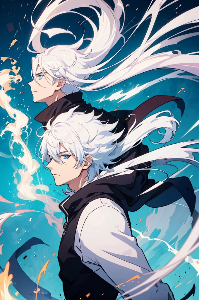 25 years old anime man with white hair, made with fire, Lightning and Ice