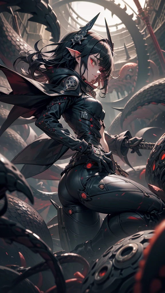 Shield Aegis black ore Robot steampump Girl Automatic, dark mechanisms, Aberrant flail weapon lies, Nightmare Creature, ready for action. This mangrove weapon is a grotesque monster.., с скрученнымand tentacles, forming a continuation of the weapon. Each tentacle ends in an eyelid with sharp teeth and fangs., speakers, like deadly blades. The body of the weapon is decorated with manic eyes, filled with sewn by human hands, and tentacles, squirming, Like snakes.. Although I&#39;m chained, Аберрантное Мангуальное Weapon демонстрирует выражение безумия и крайнего безумия., as if it were a living continuation of chaos, inhabiting the dungeon.. Your eyes shine with an alarming intensity. The environment is ominous, with damp stone walls and silence, which seems oppressive. Aberrant Mangual Weapon - Cursed Relic., Weapon, which defies all notions of sanity and can cause destruction at any moment..