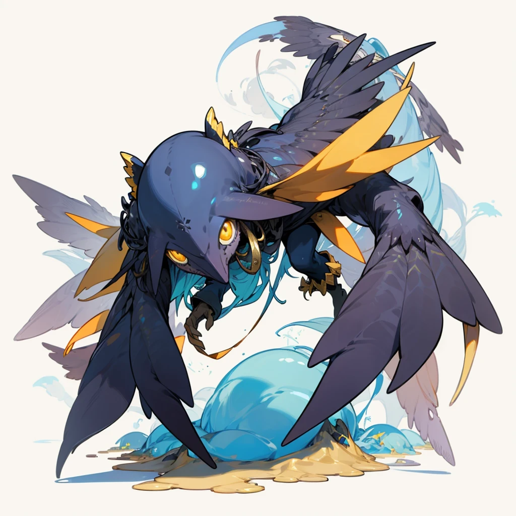 (Random Evolution, Colossal squid mixed crow), full body version, (wings), full blue and yellow colour skins, (gold eyes), (Grassroots), no background
