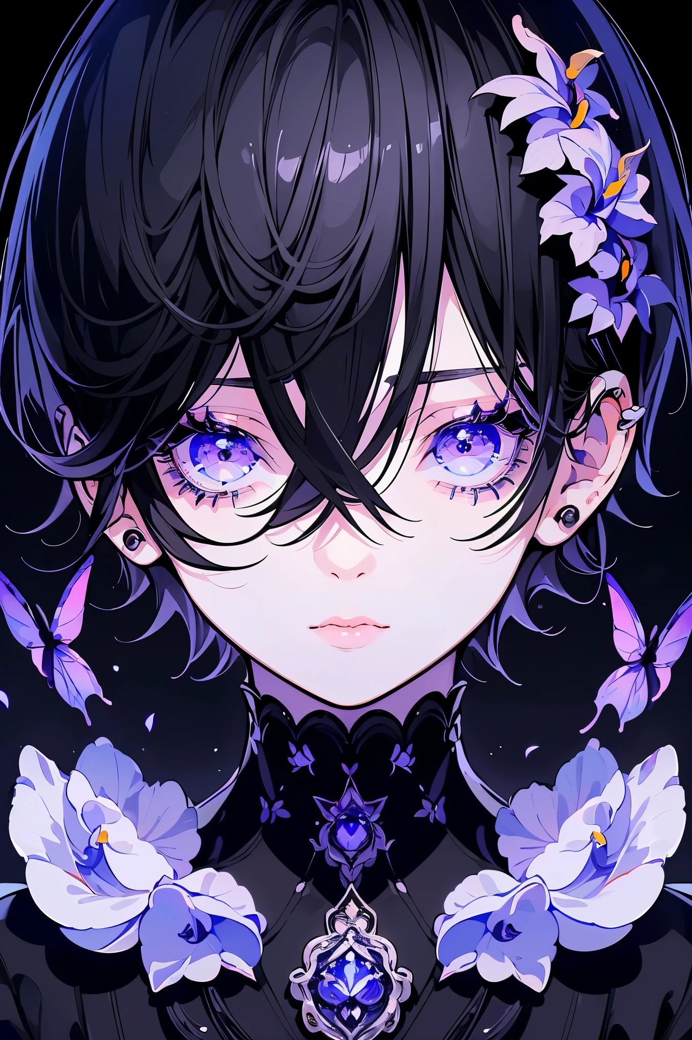 (Mastepiece), (Best Quality), Very detailed, 1 boy, Solo Shooting, Perfect Face, Beautiful Face, Very detailedな顔,(Black Hair:1.3),(short hair:1.4)、(Big eyes:1.4),(Long eyelashes:1.4)、(Iris:1.3)、Monochrome、Lots of flowers、petal、butterfly々