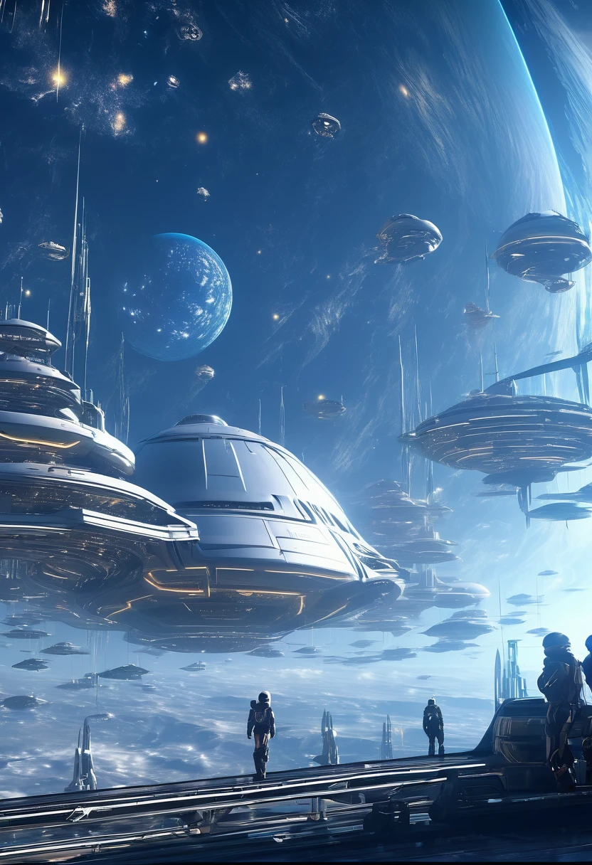 (Best Quality, 4k, ultra detailed, high resolution, Masterpiece: 1.2),(wide angle, Character in the distance on a futuristic building:1.5), There is a character seen from afar, located on a high observation point:1.4. It is small compared to the surroundings., highlighting the magnitude of the ship. The character is equipped with a space suit:1.5, with flashing lights and mechanical details.view of outer space: Through the ship&#39;s openings, you see a vast starry space. The stars are unevenly distributed., creating variable densities and suggesting the remoteness of some celestial objects.