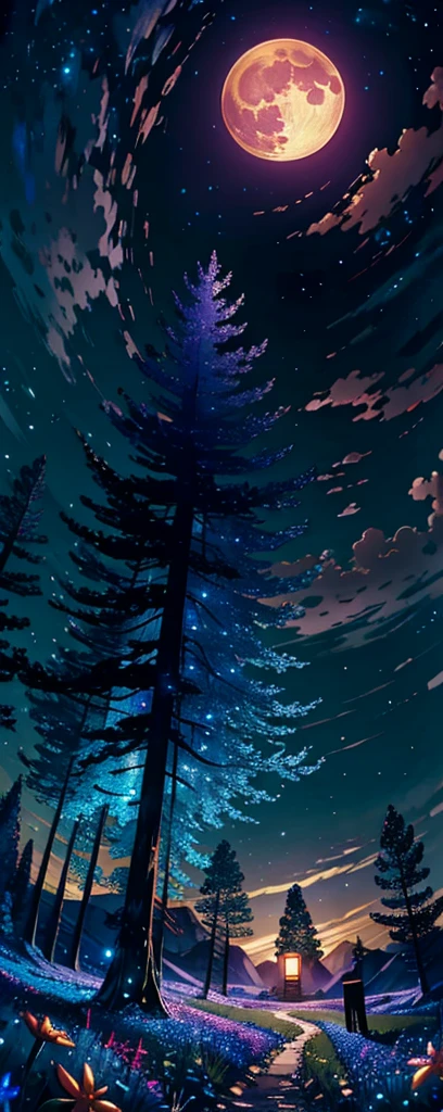 Expansive Landscape Photography., (view from below with a view of the sky and nature below), standing in a field of flowers looking up, (full moon: 1.2), (Shooting Star: 0.9), (Nebula: 1.3), distant mountain, tree BREAK production art, (warm light source: 1.2), (Firefly: 1.2), lamp, purple and orange, intricate detail, BREAK volume lighting (Masterpiece: 1.2), (of the highest quality ), 4k, ultra detailed, (Dynamic configuration: 1.4), Very detailed and colorful details (Iridescent: 1.2), (bright lighting, atmospheric lighting), Dreamer, magical, (Alone: 1.2 Resolution 8k hdr