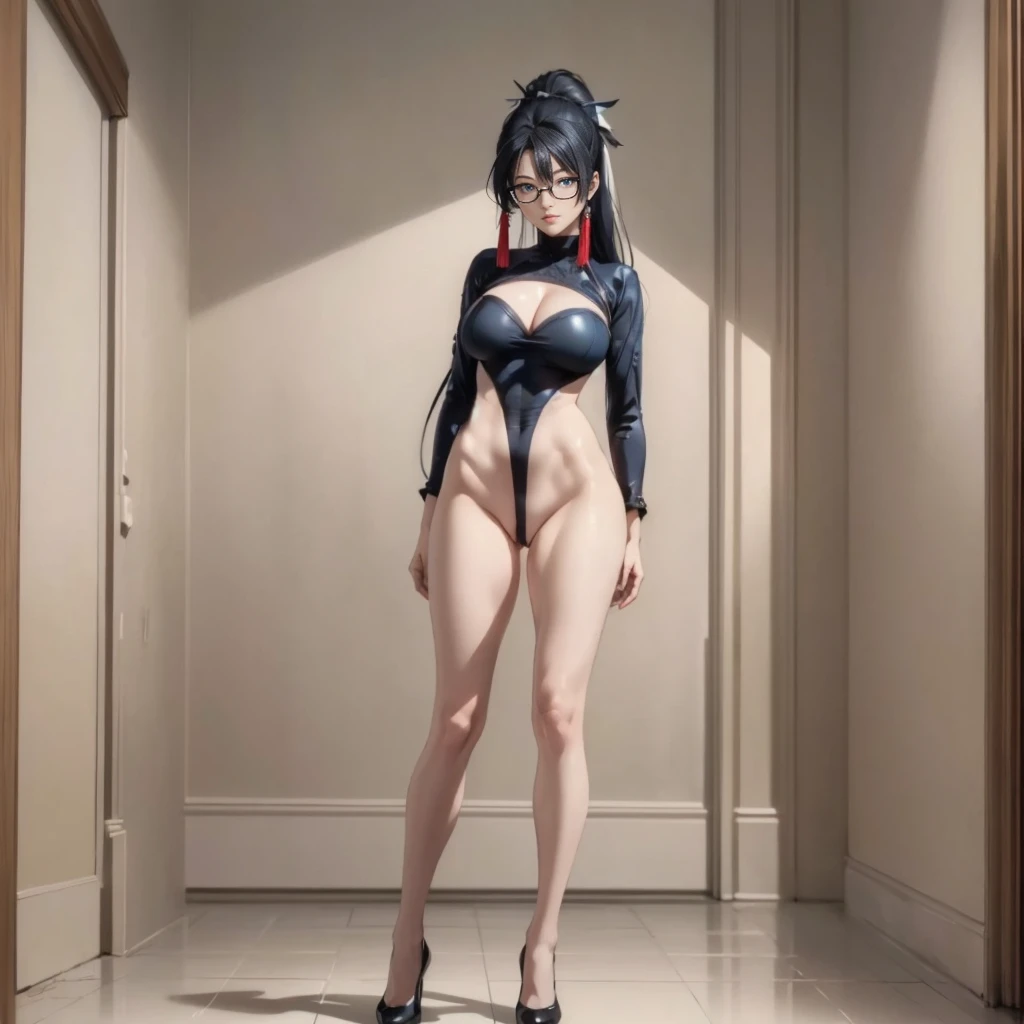 ((1girl, solo, full body, full body front)), (perfect anatomy, perfect hands, perfect legs), beautiful body, natural proportions BREAK
((extremely detailed face)), (beautiful detailed eyes:1.6), (realistic pupils, realistic iris:1), expressive eyes, looking at viewer, (clear eyes:1.2), (sharp facial features:1.2), (hyperrealistic:1), (detailed skin texture:1.2), smooth skin, (black hair), (blue eyes), (long hair:1.3), tassel earrings, hair ornament, hair stick, glasses, semi-rimless eyewear, red-framed eyewear, ((mature female)), (detailed lips, attractive lips:1.2), (glossy lips:1) BREAK
(skin tight:1.5) BREAK
(masterpiece:1.2), best quality, high resolution, (highly detailed shading), (realistic lighting:1.2), anime-style, perfect lighting, vibrant colors, dynamic tones, striking hues, 8k, absurd resolution, perfect shadows, hdr, UHD, ambient lighting, realistic, ultra-realistic, photo realistic, highly detailed, rich detail, luminous colors, fine texture, intricate design, professional illustration, (soft light:1.2), (illustration:0.8)