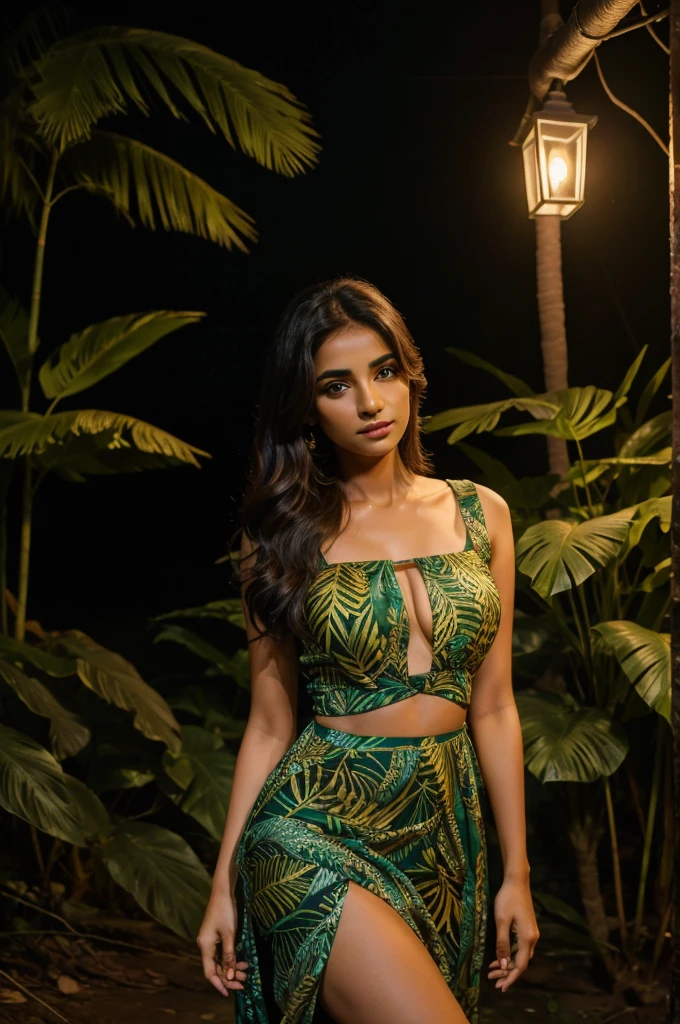  Beutiful girl in top and frock from India. Night time and there is jungle around it and quality 8K 