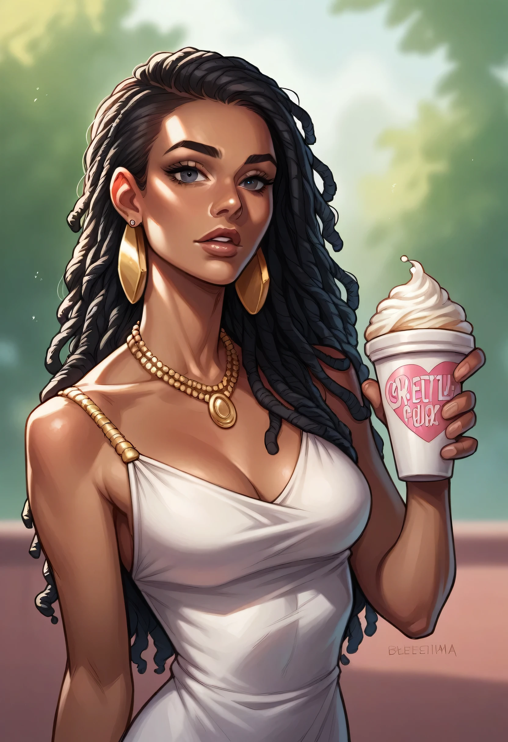 bellissima,  1girl, solo, long hair, breasts, looking at viewer, black hair, dress, jewelry, medium breasts, upper body, earrings, parted lips, necklace, blurry, lips, blurry background, curly hair, realistic, dreadlocks, icecream Cup 