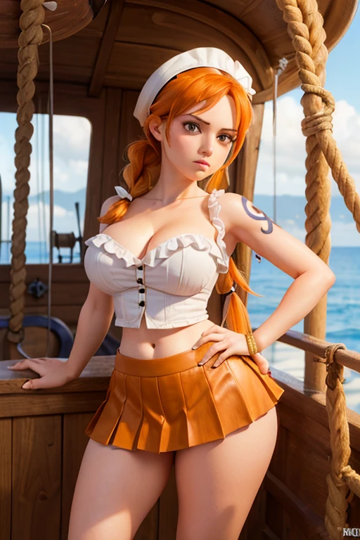 (masterpiece), best quality, expressive eyes, perfect face, front lighting, (standing on pirate ship at sea background), (posing), (seductive look), (cleavage view), (1girl, Nami, 18 years old, orange hair, long hair, braided ponytail hairstyle, brown eyes, hourglass figure, left shoulder tattoo, skinny body, thin body, petite_body, small breasts, wide hips, thick thighs), (white button frill blouse, short sleeve, strapless, croptop, exposed cleavage, leather pleated skirt, bandana headwrap),