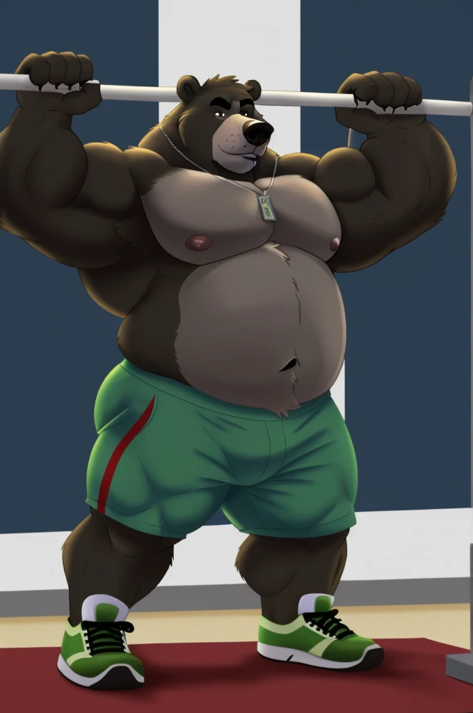 ((masterpiece, best quality)),solo, 1bear, solo, baloo, huge muscular, green short pants, shoes, shirtless, dog tag necklace, black eyes, furry, bear, no humans, olympics, podium set, weightlifting event, winner
