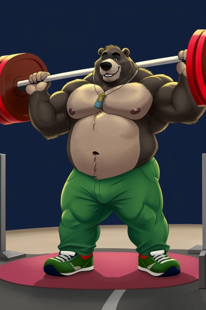 ((masterpiece, best quality)),solo, 1bear, solo, baloo, huge muscular, green short pants, shoes, shirtless, dog tag necklace, black eyes, furry, bear, no humans, olympics, podium set, weightlifting event, winner