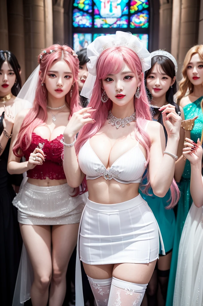 best quality, Clarity, 4k, 8k, detail, actual K-pop stars, ((group photo:1.5)), 5 K-pop superstar brides 22 year old ultra sexual angelic and incredibly gorgeous supermodel bride Girls standing together, (Korean makeup:1.3), Red lips, high quality hands, pink and blue hair, Perfect body, sexy thigh highs, seductive pose standing, FF cupped large breasts, glistening skin, Graffiti crop top, Deep cleavage, cute Checkered striped bridal mini skirt, standing in a K-pop church