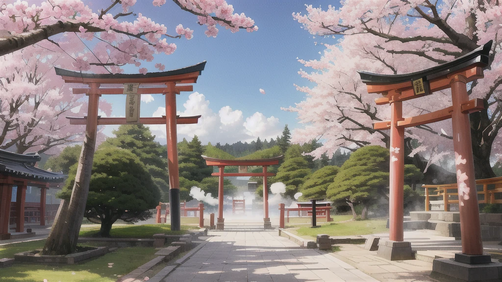 There is an open-air bath behind the shrine. Lots of steam, torii gate, cherry blossom tree, background only