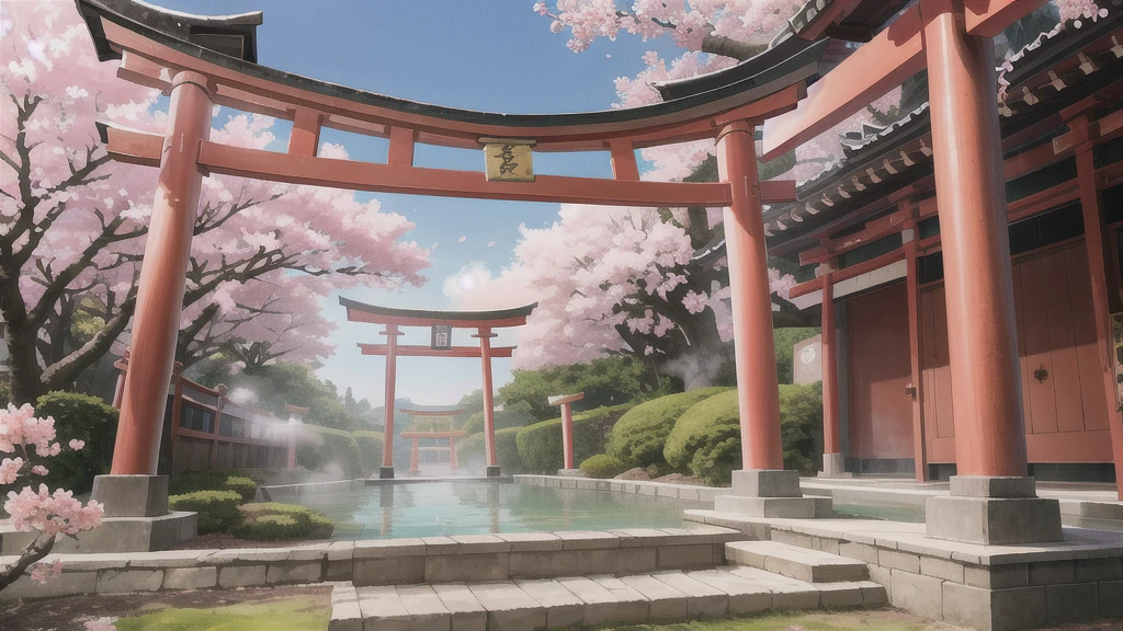There is an open-air bath behind the shrine. Lots of steam, torii gate, cherry blossom tree, background only