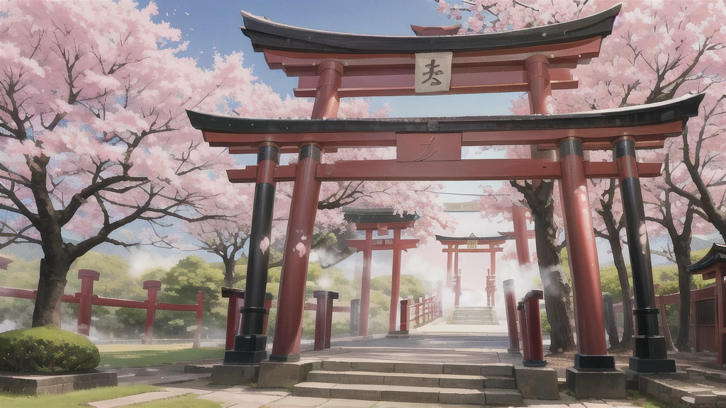 There is an open-air bath behind the shrine. Lots of steam, torii gate, cherry blossom tree, background only