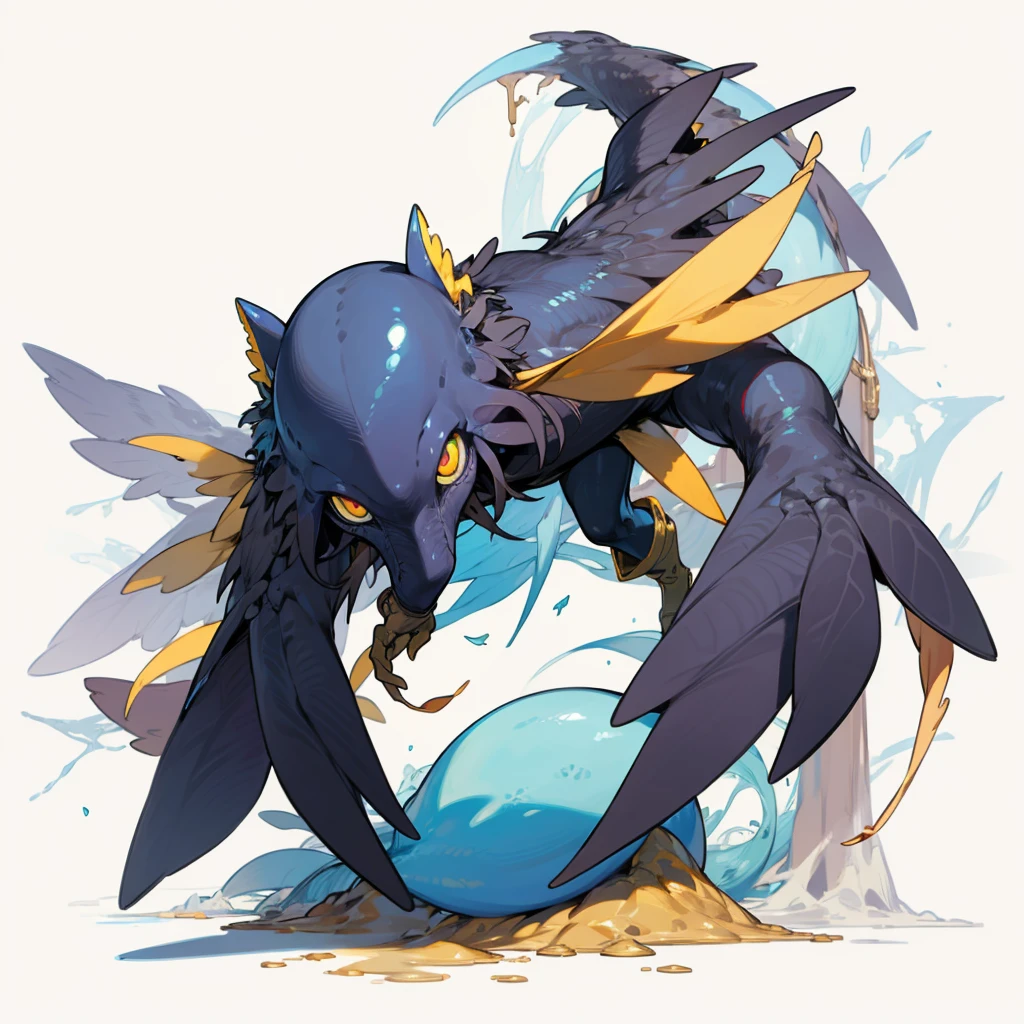 (Random Evolution, Colossal squid mixed crow), full body version, (wings), full blue and yellow colour skins, (gold eyes), (Grassroots), no background