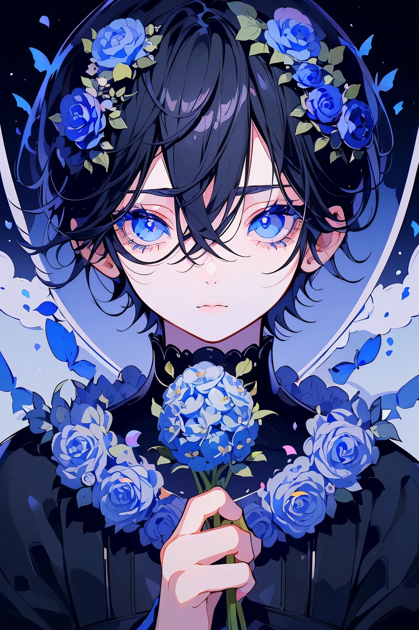 (Mastepiece), (Best Quality), Very detailed, 1 boy, Solo Shooting, Perfect Face, Beautiful Face, Very detailedな顔,(Black Hair:1.3),(short hair:1.4)、(Big eyes:1.4),(Long eyelashes:1.4)、(Blue Eyes:1.3)、Lots of flowers、petal、butterfly々
