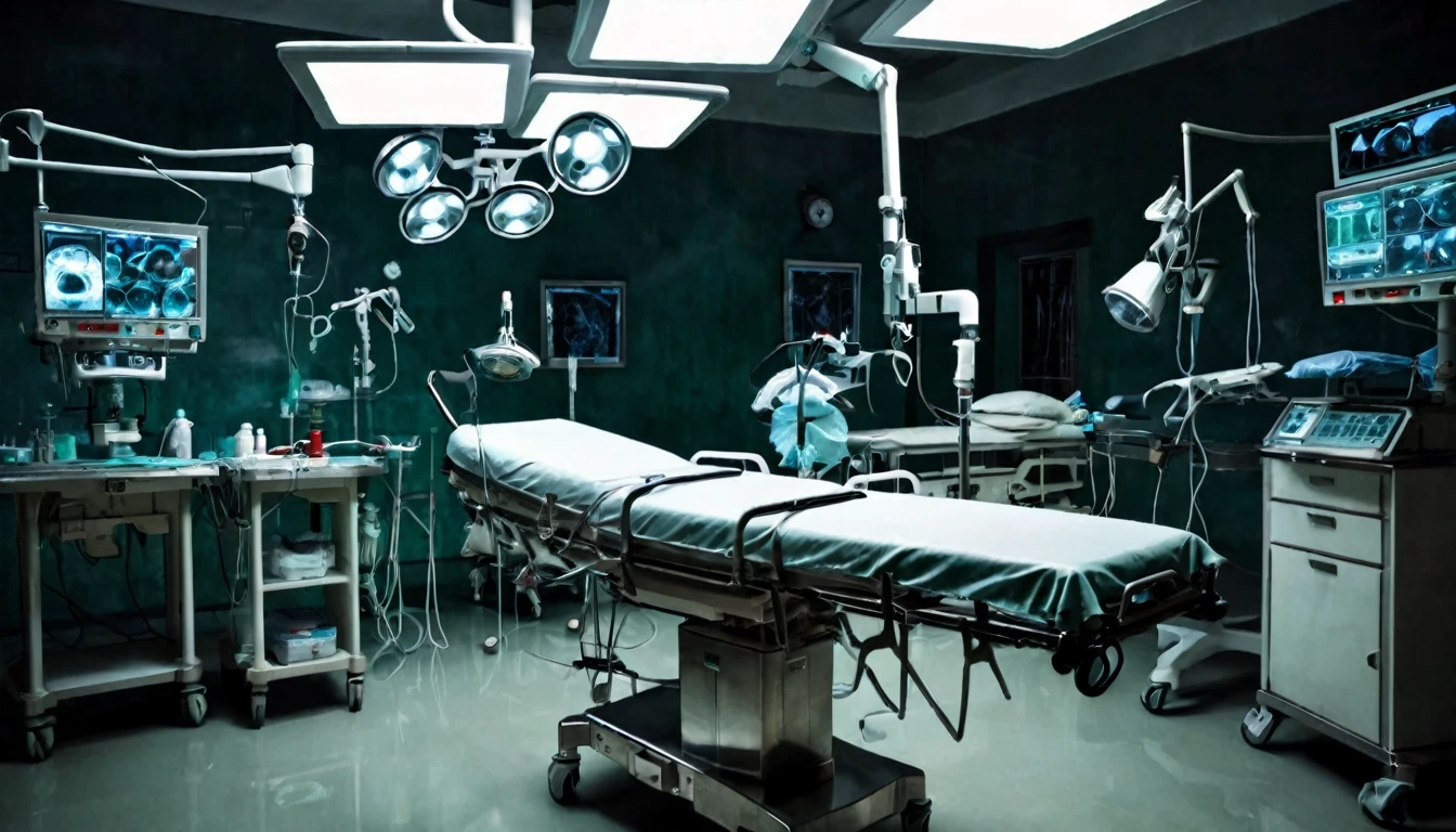 operating room, various equipment, stretcher in the center, in the background a sinister doctor, dark, macabre environment