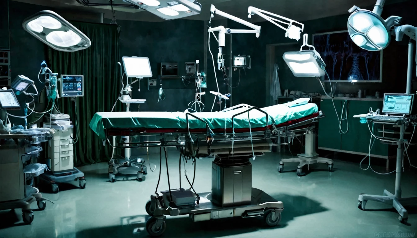 operating room, various equipment, stretcher in the center, in the background a sinister doctor, dark, macabre environment