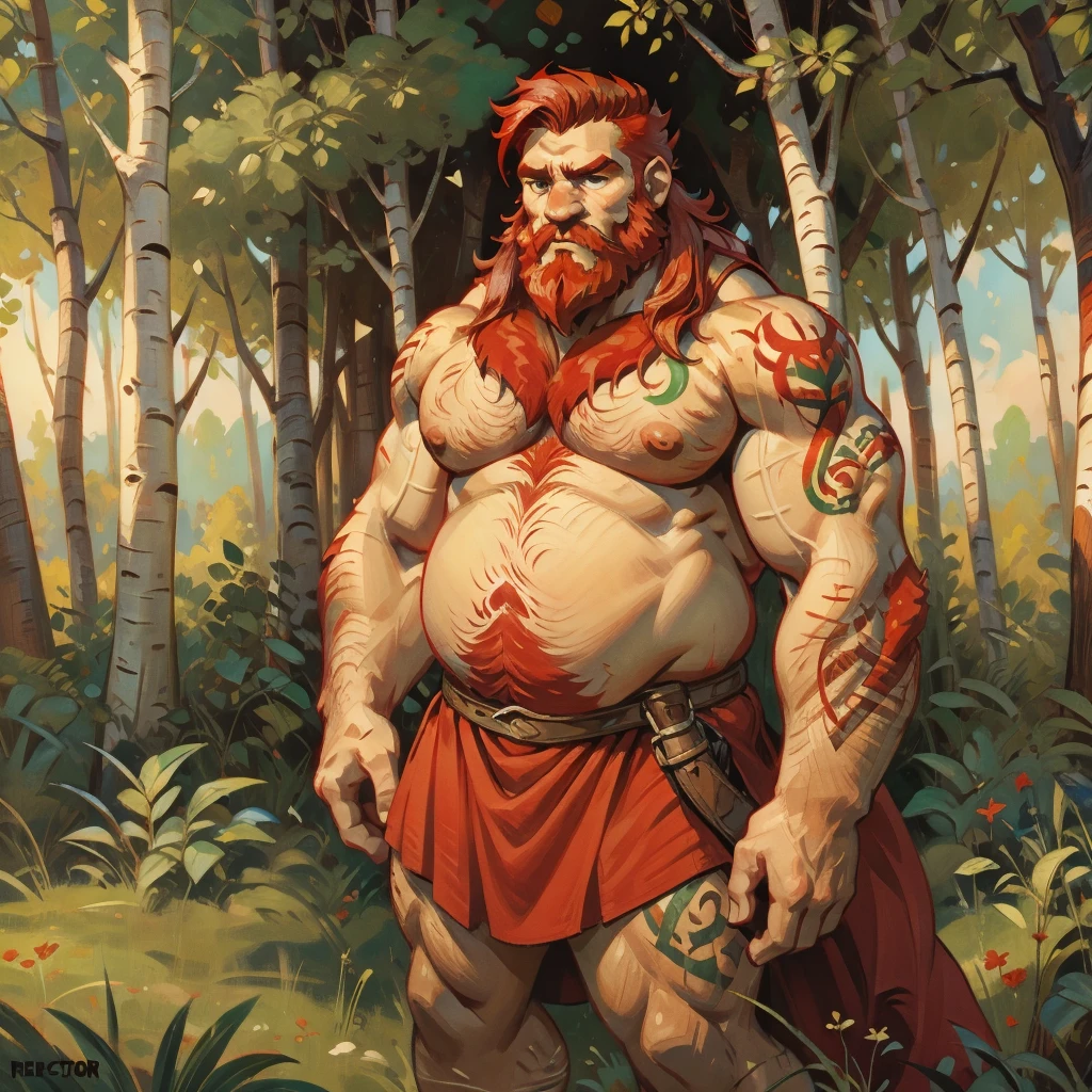 man, Viking, short stature, Age 60 years, strong, thick, big breasts, big belly, Red hair, big red beard, thick body hair, густые Red hair на груди, густые Red hair на животе, густые Red hair на лобке, густые Red hair на яйцах, thick hair on arms, thick hair on legs, tattoos on body, Tattoos on the torso, very shy, In the woods, birch trees, nature, in a short triangular skirt made of skin made of green fabric