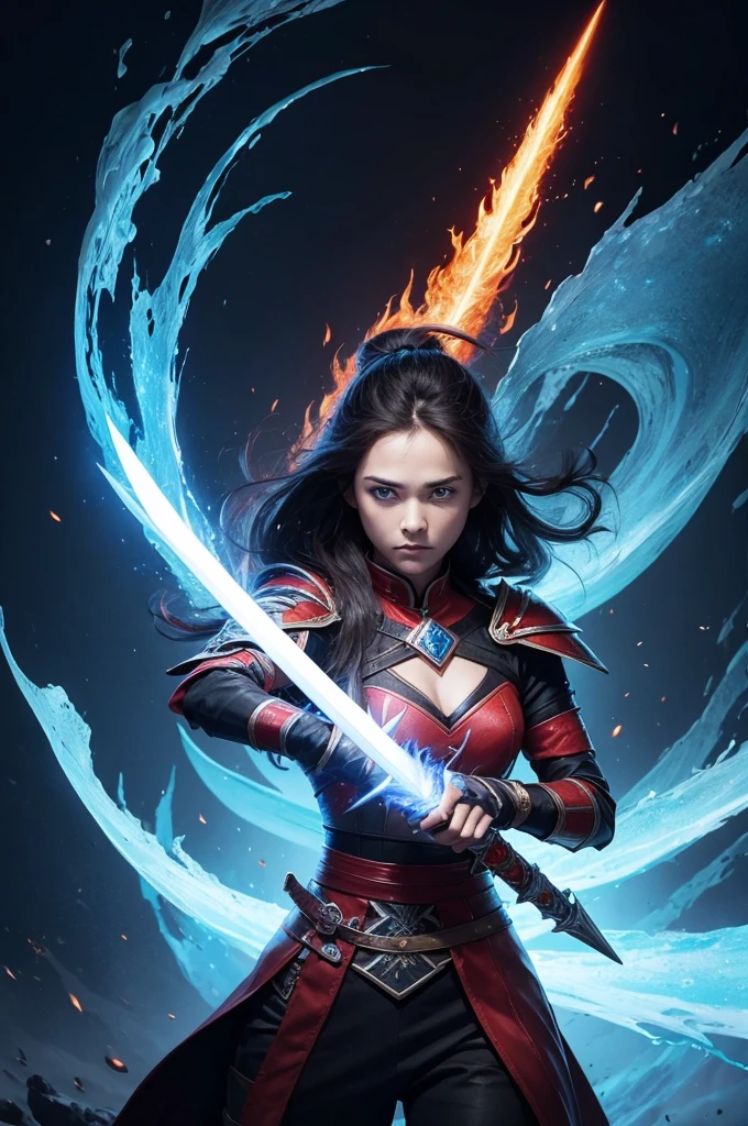 A sword of fire and ice with no person holding it
  